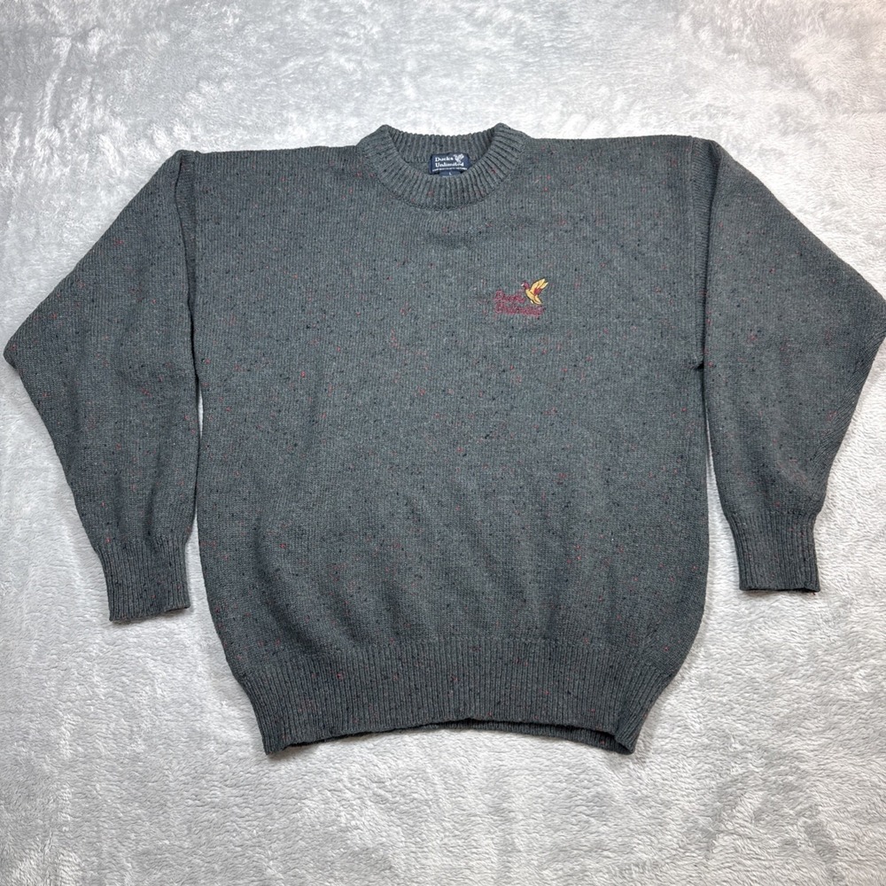 Vintage Ducks Unlimited Sweater Men L Gray Speckled Wool Blend Outdoor